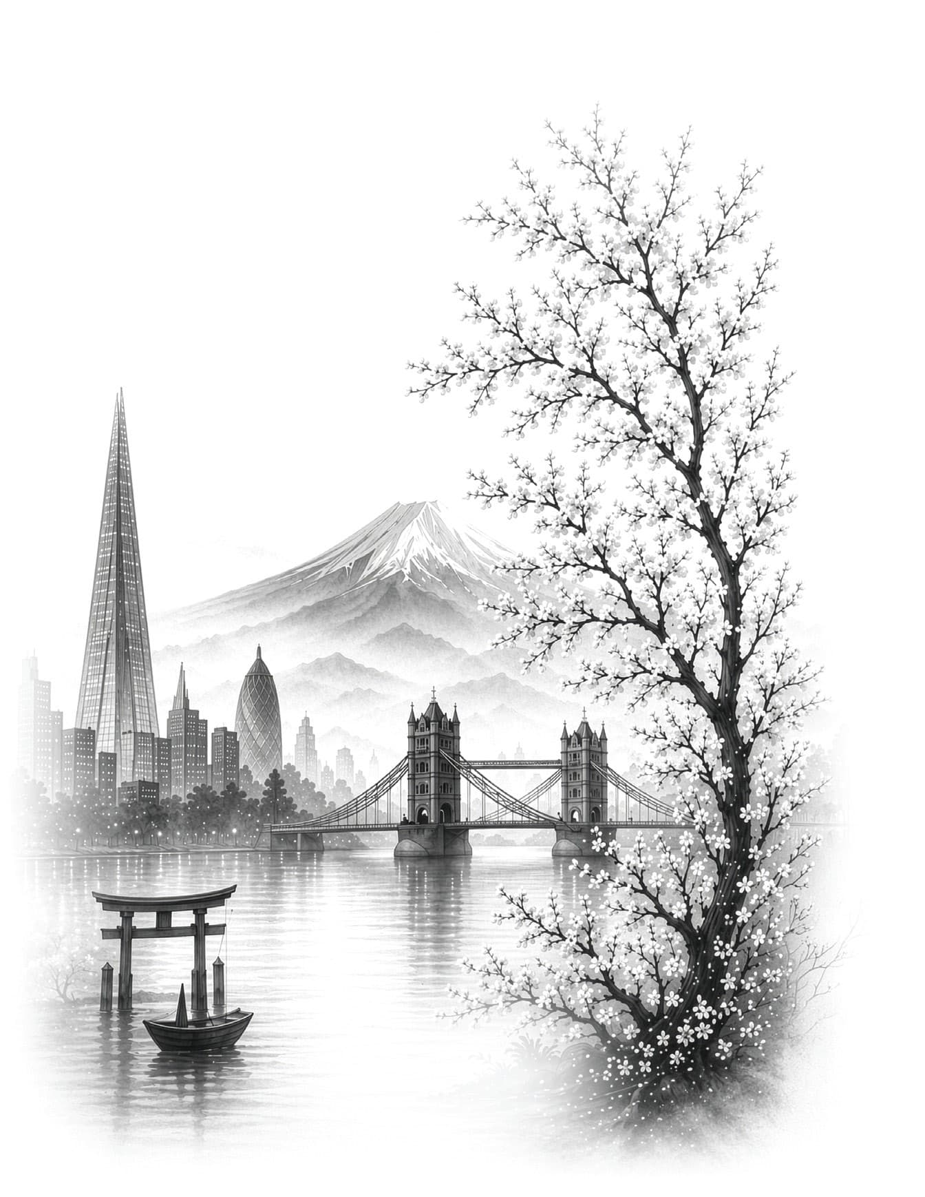 An ink-wash drawing: Mount Fuji, a torii gate and a cherry tree in blossom beside the Shard, the Gherkin and Tower Bridge