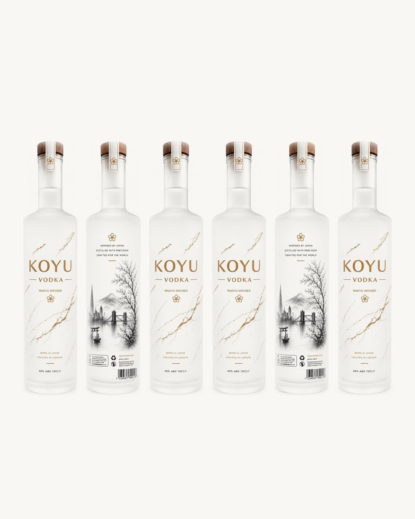 Six bottles of KOYU Vodka in a row, faces and reverses alternating