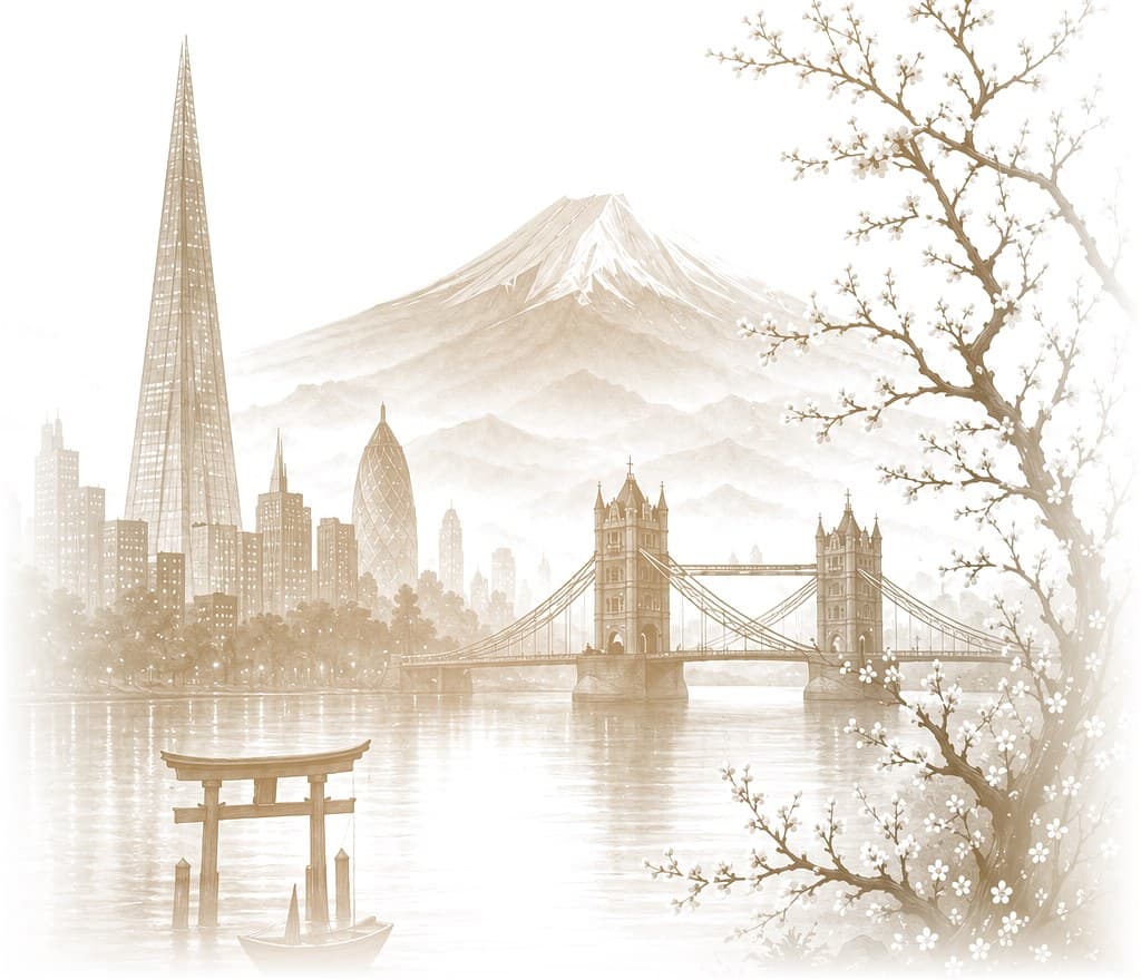 An ink-wash panorama drawn in gold: Mount Fuji, a torii gate in the water and a cherry tree in blossom meeting Tower Bridge, the Gherkin and the Shard across the river.
