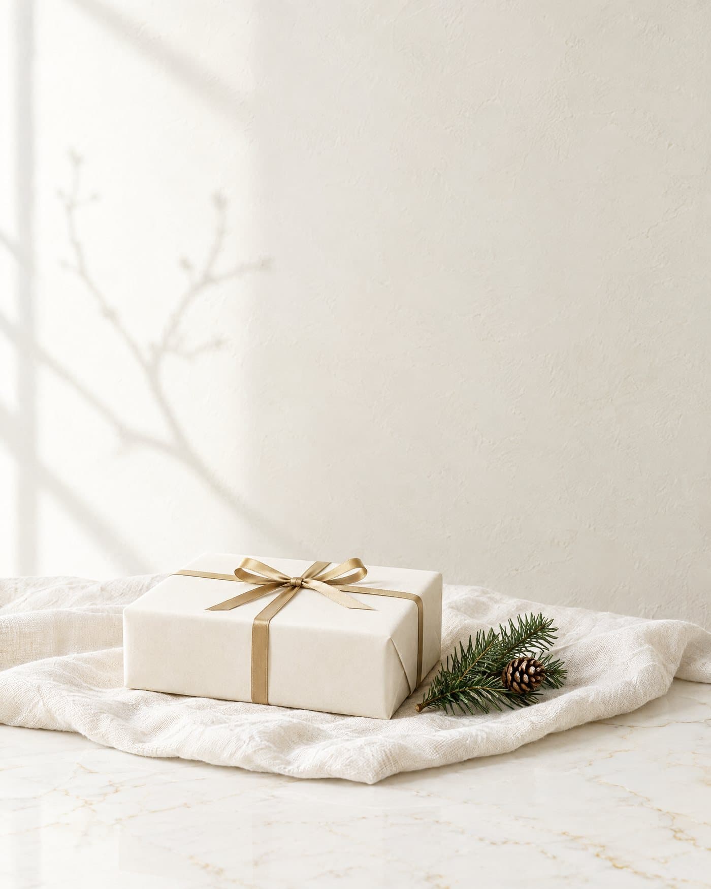 A gift box wrapped in cream paper and tied with gold ribbon, beside a sprig of fir, on pale linen in soft daylight.