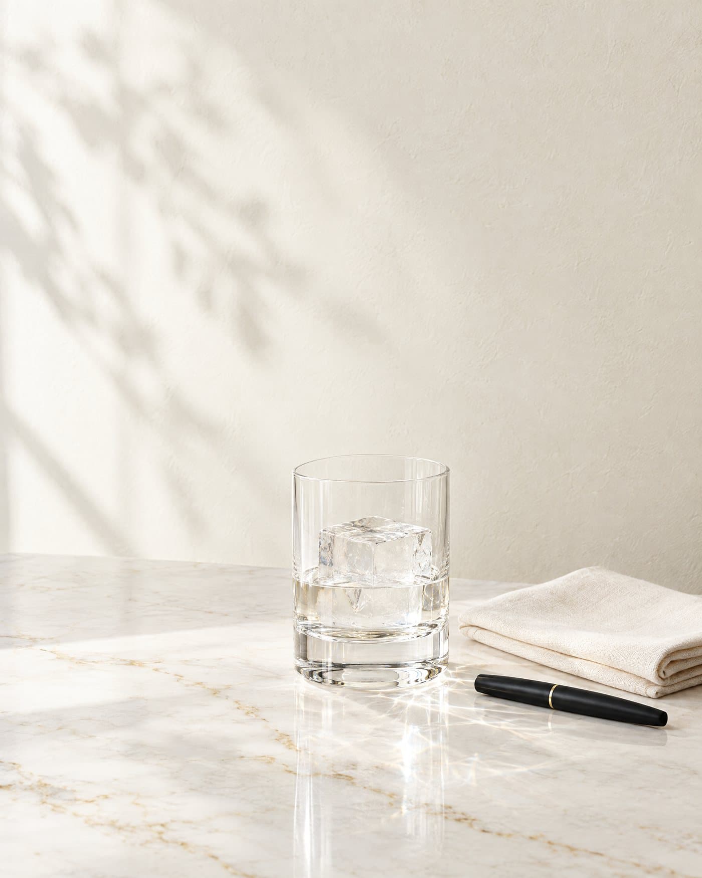 A heavy glass tumbler holding one large clear cube of ice, on white marble beside a folded linen napkin and a fountain pen.