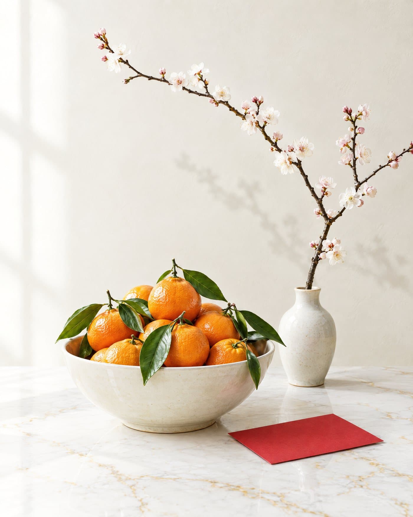 A pale ceramic bowl of mandarins with their leaves, a branch of plum blossom in a small vase and a plain red envelope, on white marble in soft daylight.