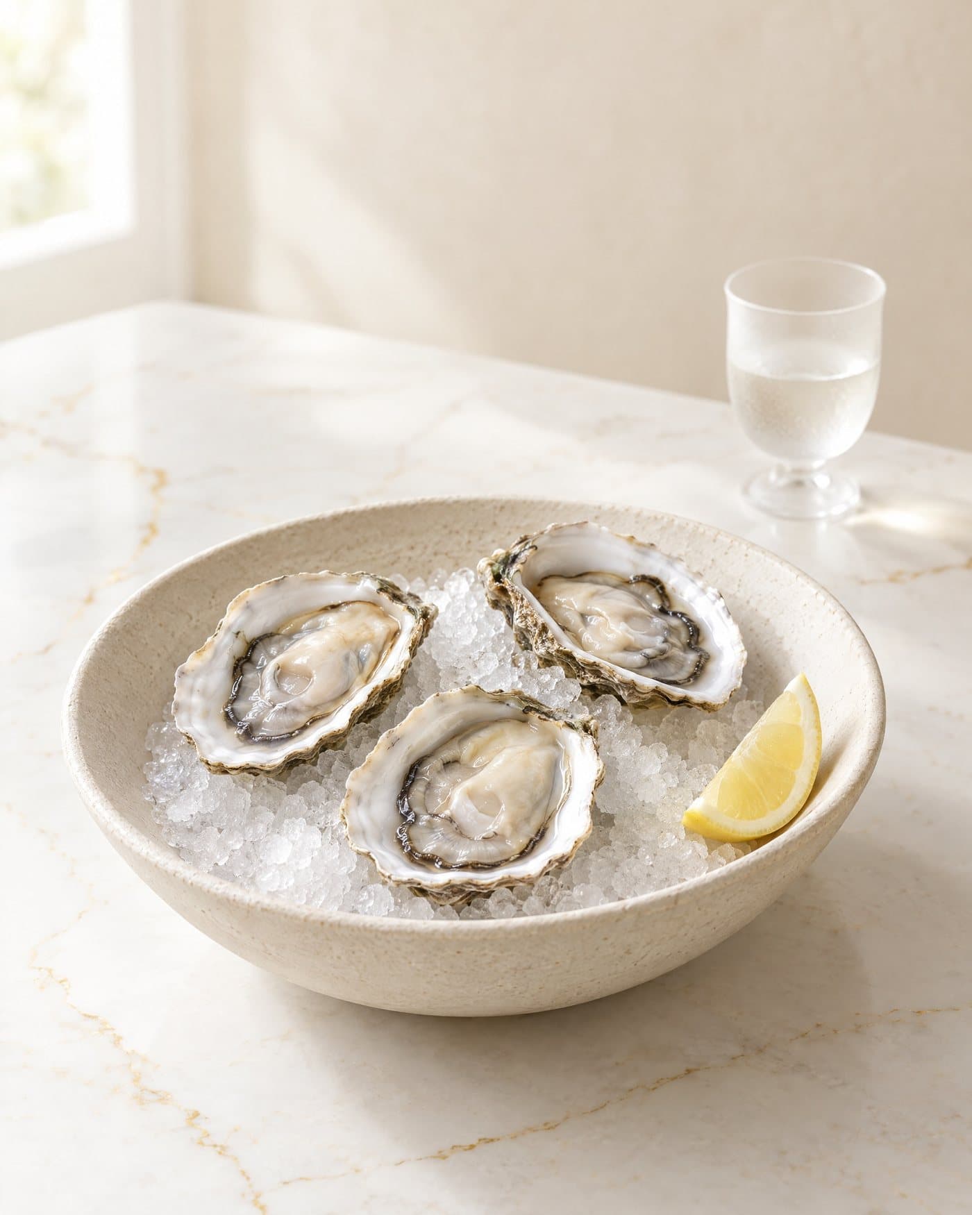 Three opened oysters on crushed ice in a pale ceramic bowl, with a wedge of lemon, on white marble veined with gold. A small frosted glass of clear spirit stands behind.