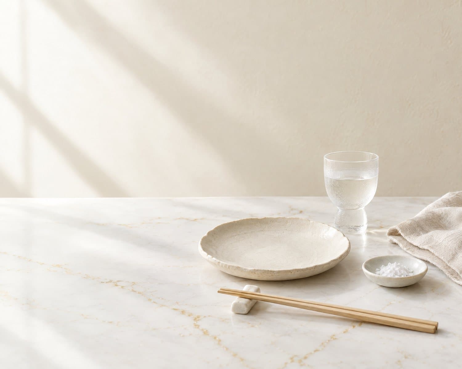 A place set for one on white marble veined with gold: an empty pale ceramic plate, wooden chopsticks on a rest, a pinch dish of sea salt, a linen napkin and a small frosted glass of clear spirit, in soft daylight.