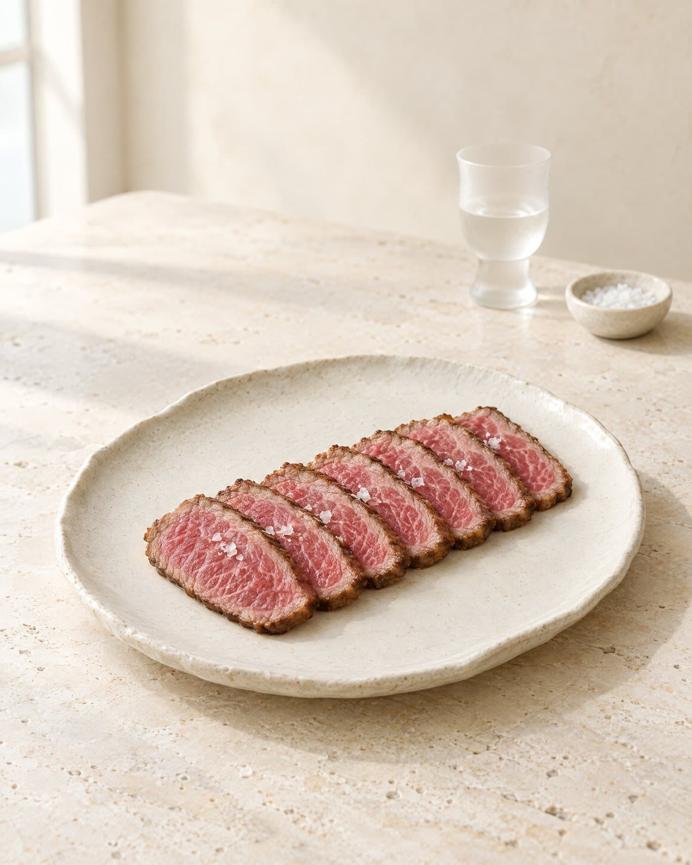 Seven thin slices of seared Wagyu tataki, rare and finely marbled, with flakes of sea salt on a pale ceramic plate. A small frosted glass of clear spirit stands behind, on pale travertine.