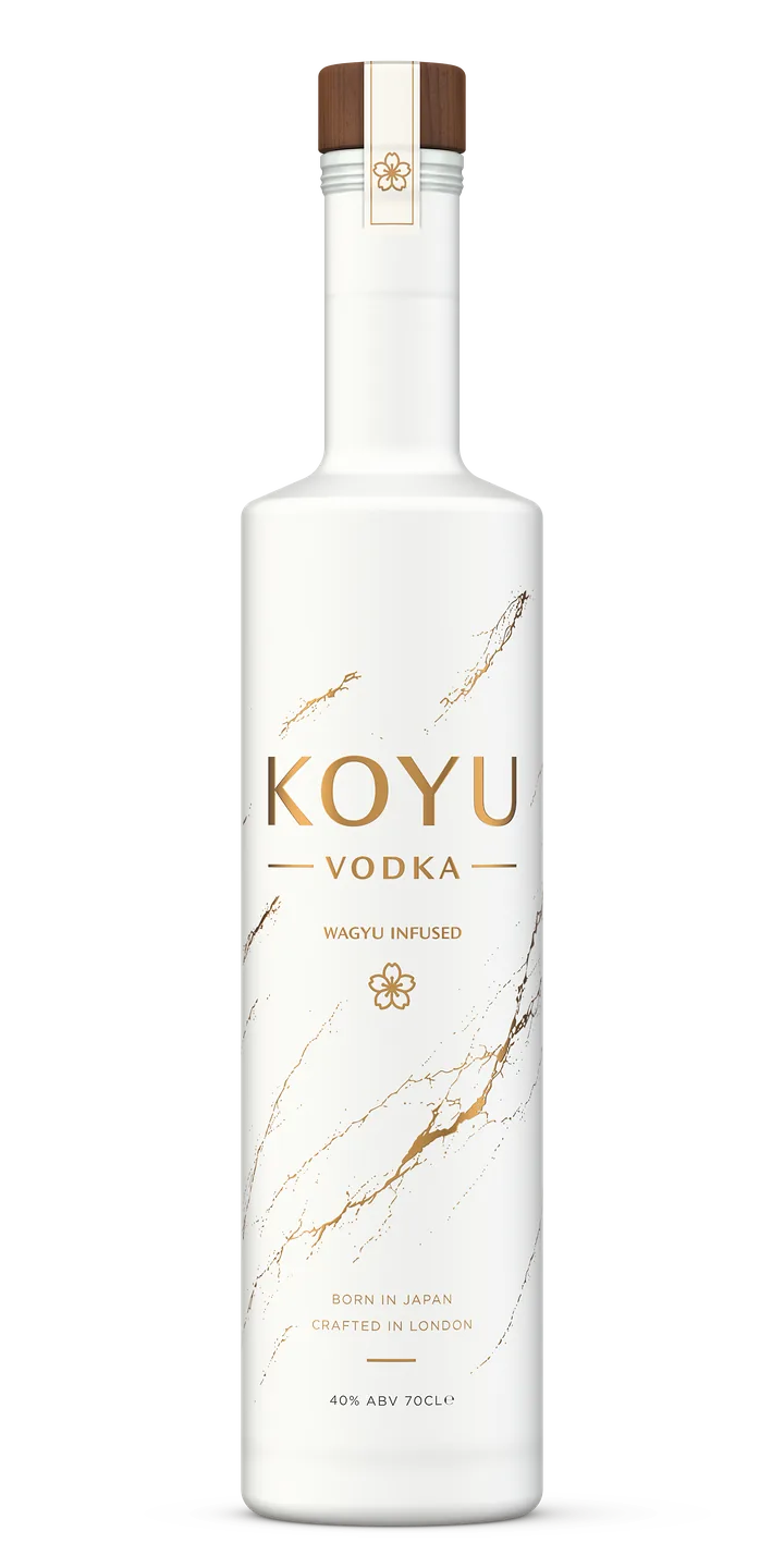 KOYU Vodka, a white frosted glass bottle with a walnut stopper, seen from the front